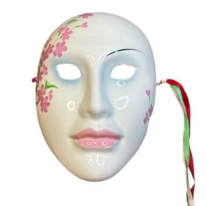 VTG Porcelain Ceramic Hand Painted Cherry Blossom Wall Decor Face Mask